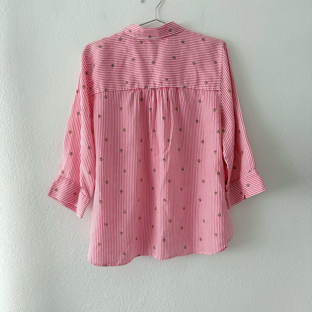 No Iron 100% Linen Bee Print Striped Button-Up Shirt 3/4 Sleeve Size 14 - Picture 3 of 8